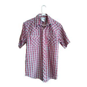 Wrangler Wrancher Red Check Plaid Short Sleeve Shirt Pearl Snaps Men's Size M